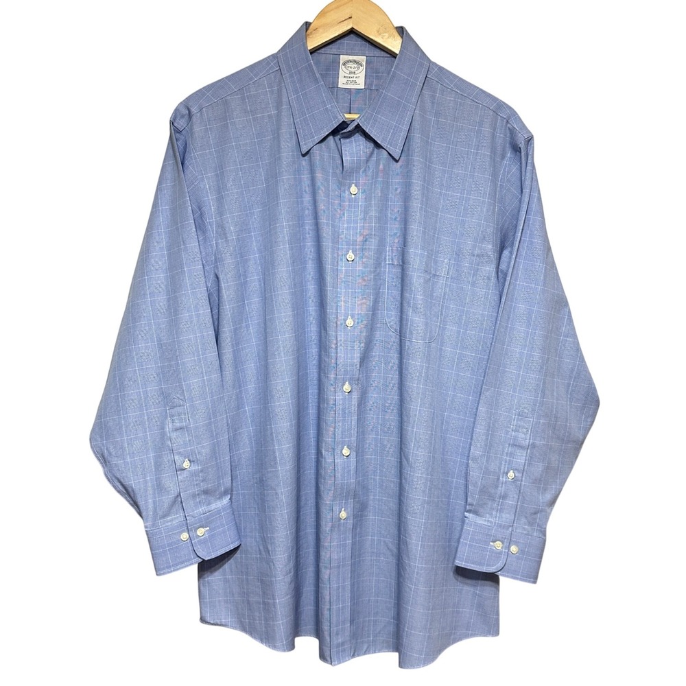 Brooks Brothers Mens 17.5 Regent Fit Non Iron Blue Plaid Dress Shirt Office